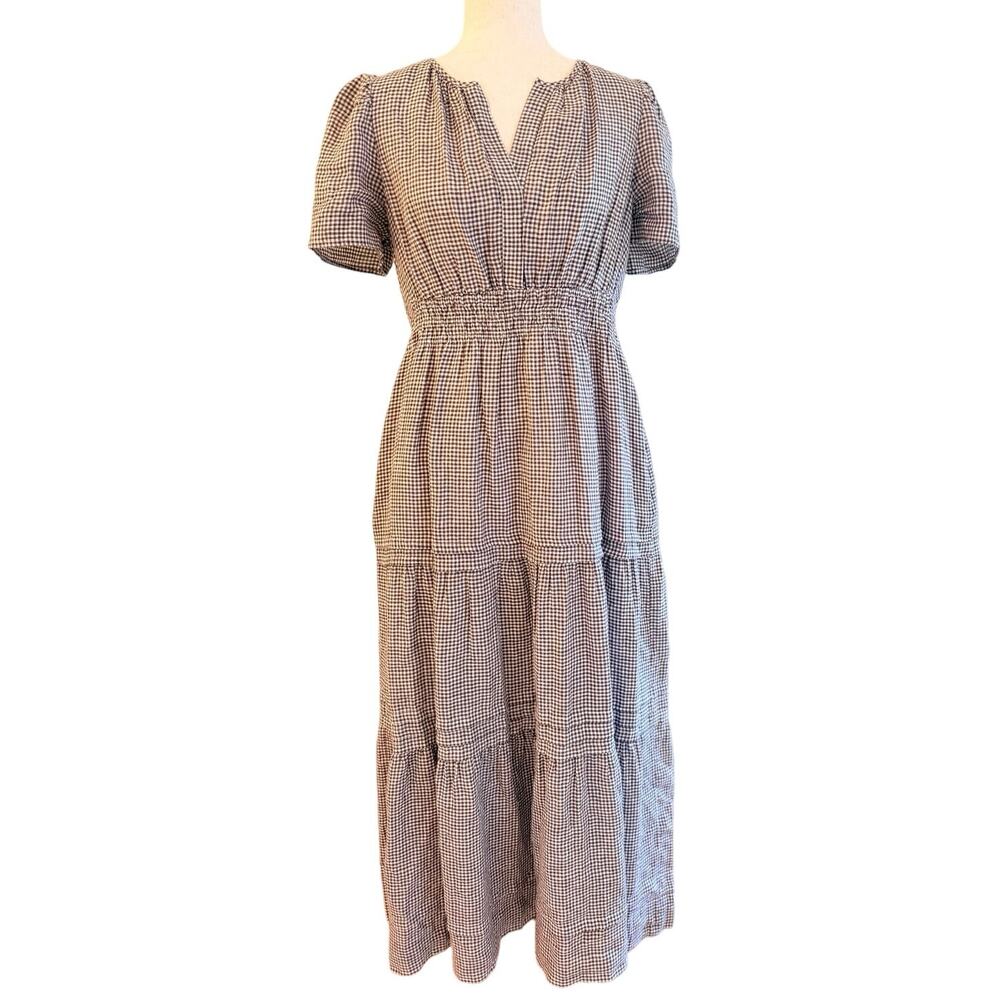 Quince 100% European Linen Tiered Maxi Dress Brown Gingham M